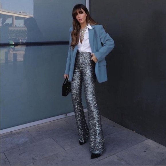 ZARA FLARED SEQUIN LEGGINGS - Picture 12 of 13